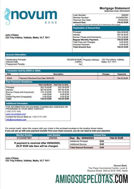 para download Modelo Word e PDF de extrato de hipoteca do Malta Novum Bank